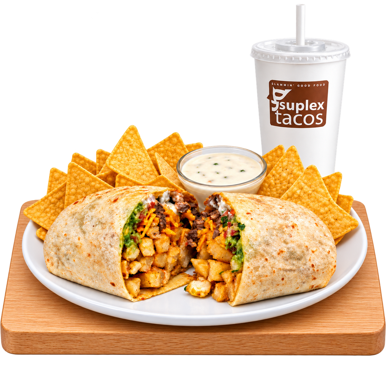 Six-One-Nine burrito with chips, queso and a Suplex cup